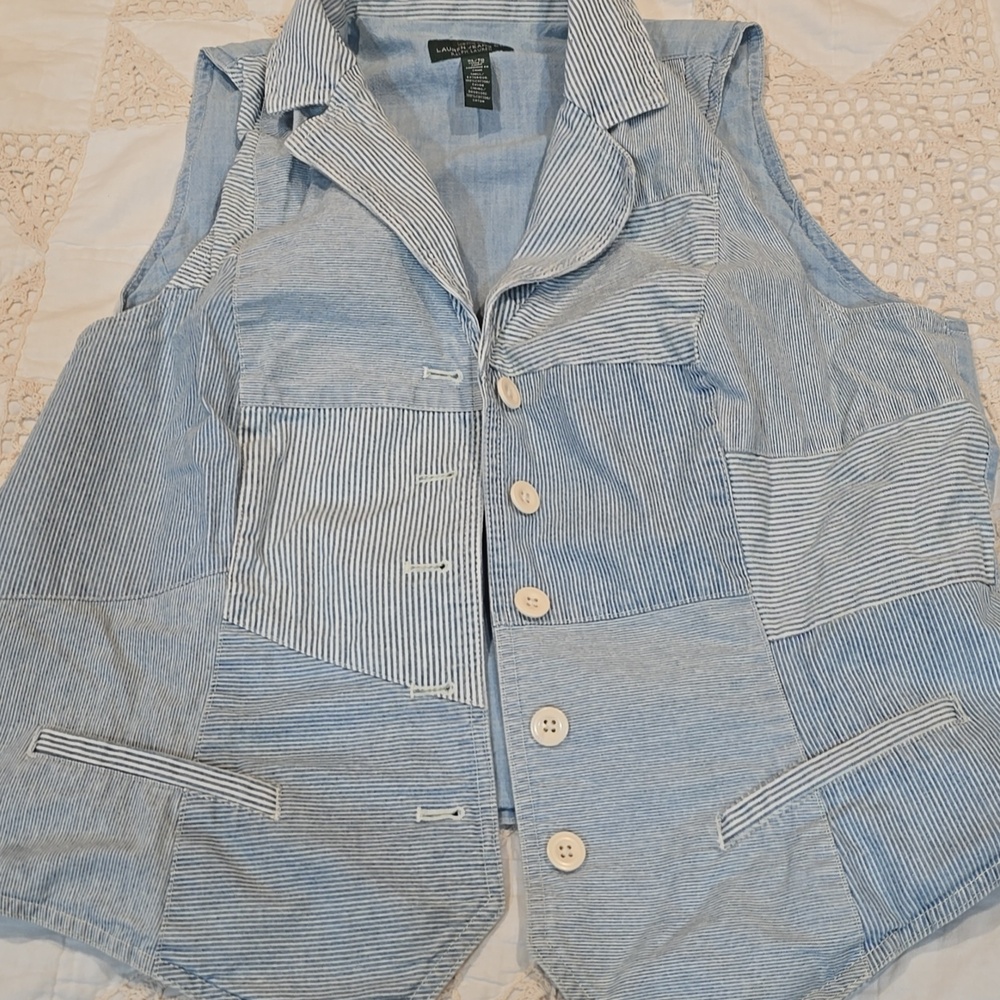 Ralph Lauren Patchwork Pinstripe Button Vest in Light Blue - Picture 5 of 5